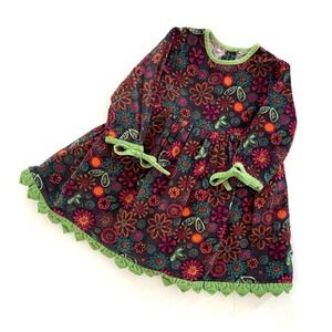 Cotton Long Sleeve Floral Corduroy Dress‎ with Green Trim & Bows Size 3T-4T